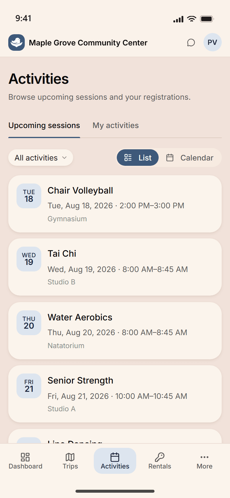 The NestPoint member portal on a phone, listing the week's activities — Chair Volleyball, Tai Chi, Water Aerobics, Senior Strength — each on its own row with the day and date alongside it.