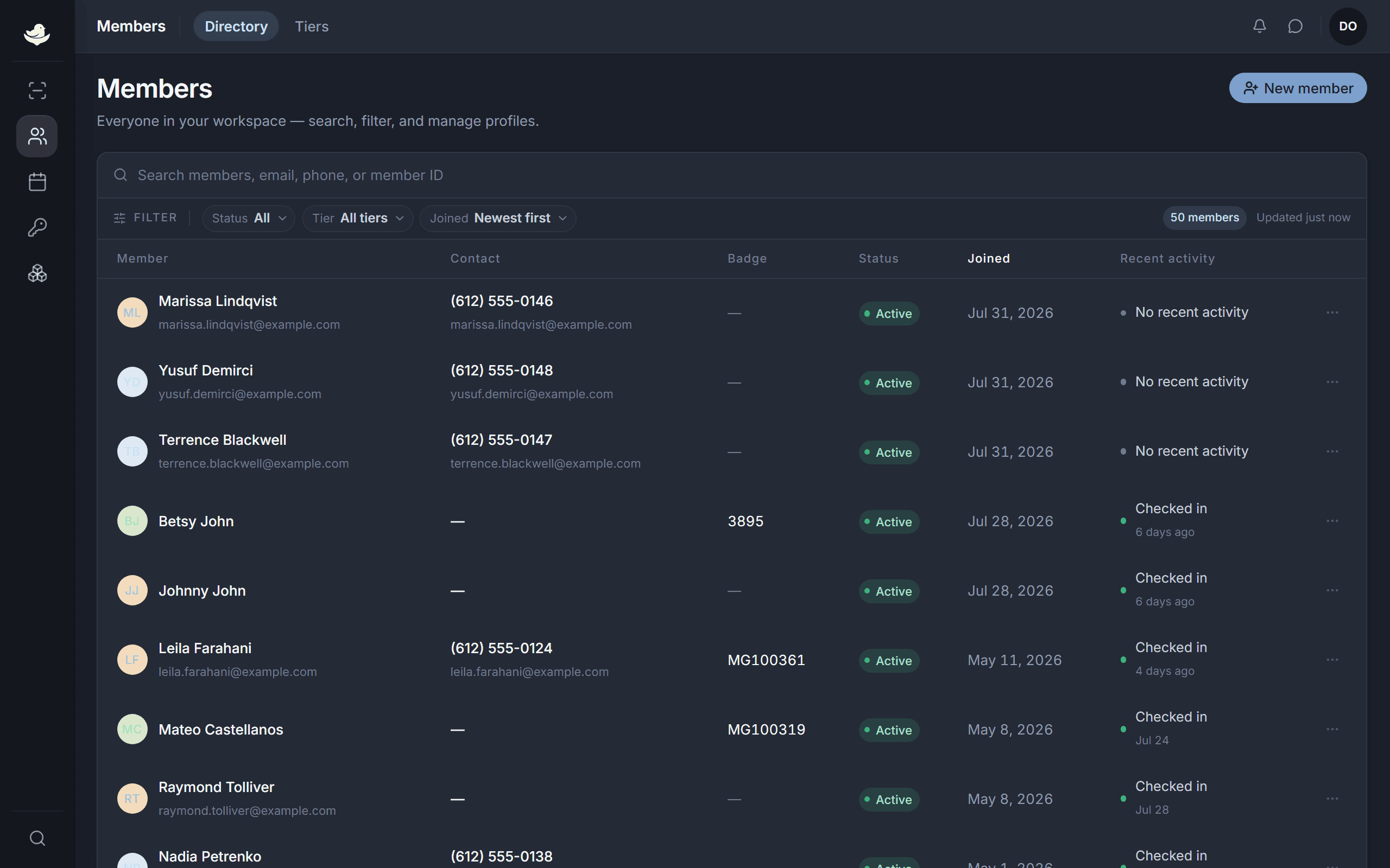 The member directory with the search box and the Status, Tier, and Joined filters across the top.