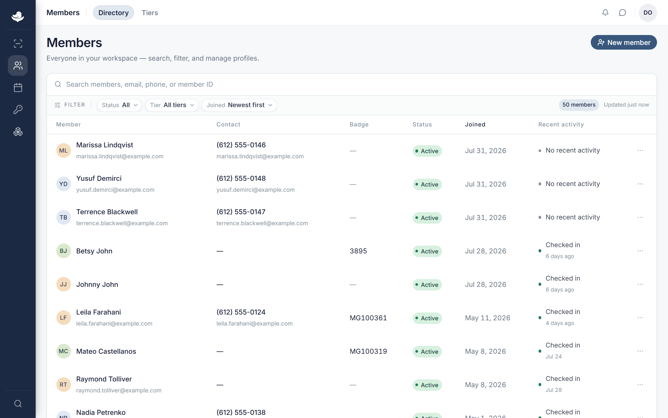 The member directory with the search box and the Status, Tier, and Joined filters across the top.