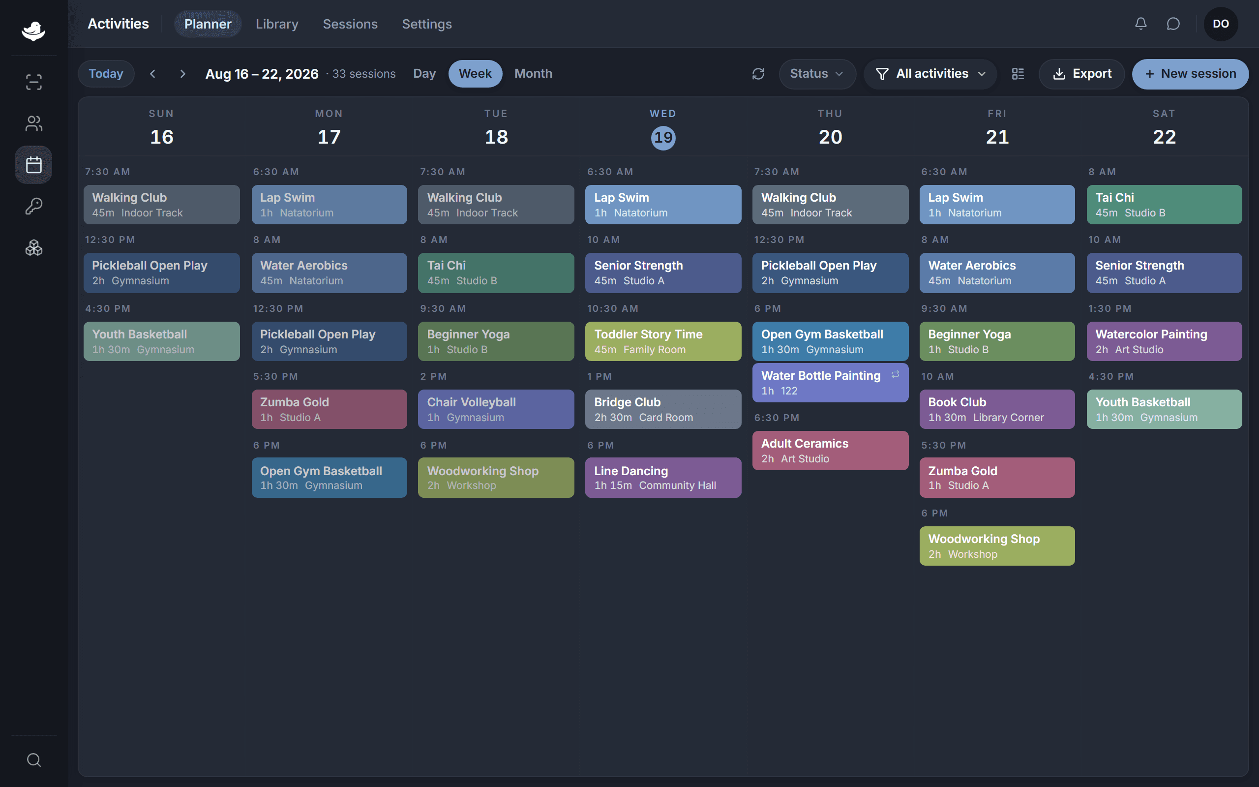 The NestPoint activities planner: a week grid of programs laid out by room and time, with conflicts and open capacity visible at a glance.