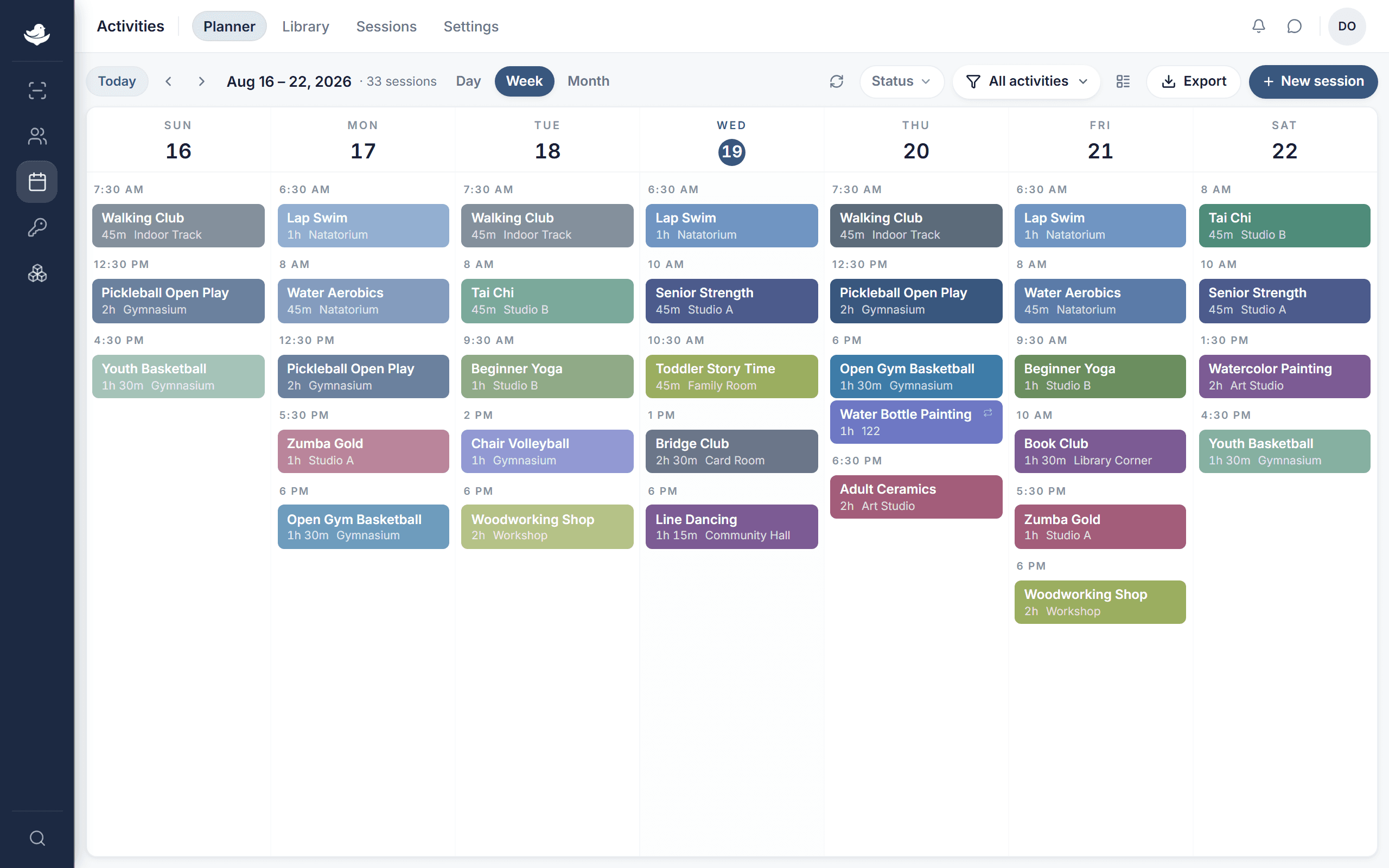 The NestPoint activities planner: a week grid of programs laid out by room and time, with conflicts and open capacity visible at a glance.