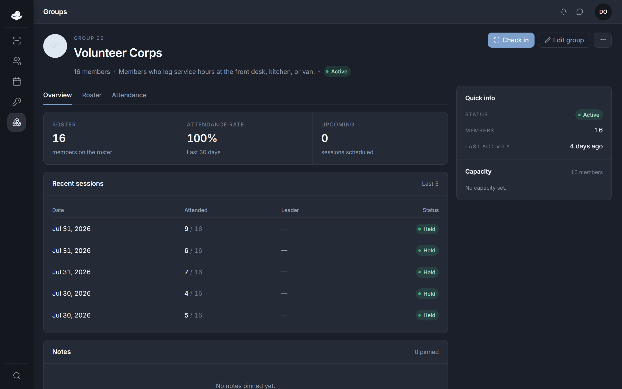 The group Overview tab showing Roster, Attendance rate, and Upcoming stats above a recent-sessions list.
