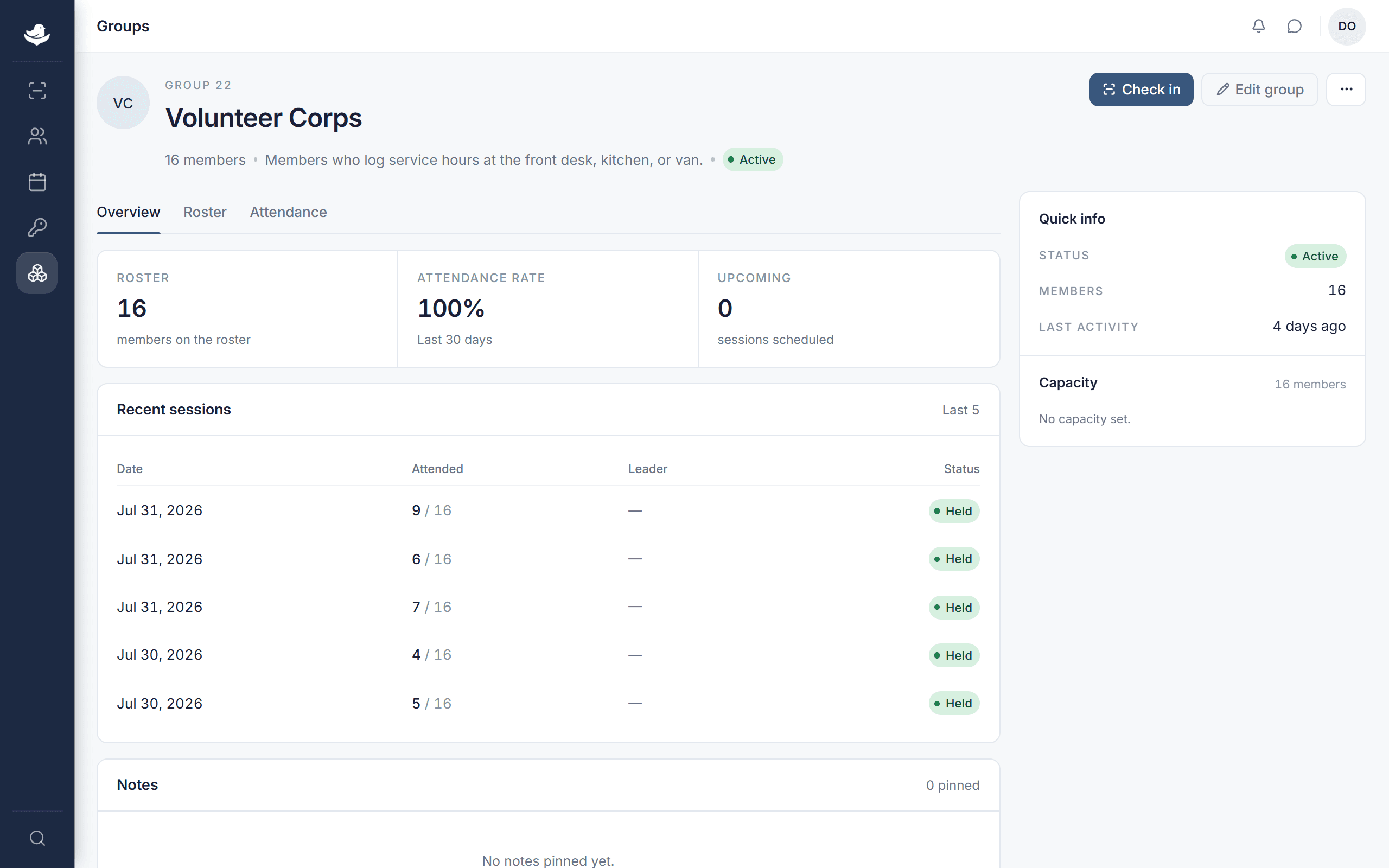 The group Overview tab showing Roster, Attendance rate, and Upcoming stats above a recent-sessions list.