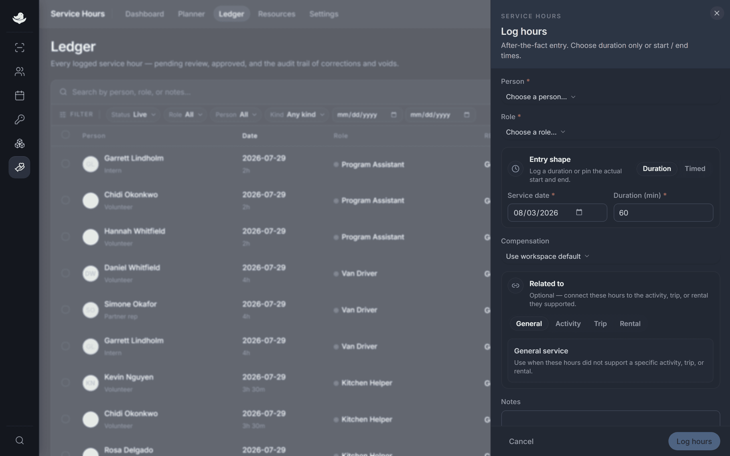 The Log hours drawer with Person, Role, and the Duration / Timed toggle.