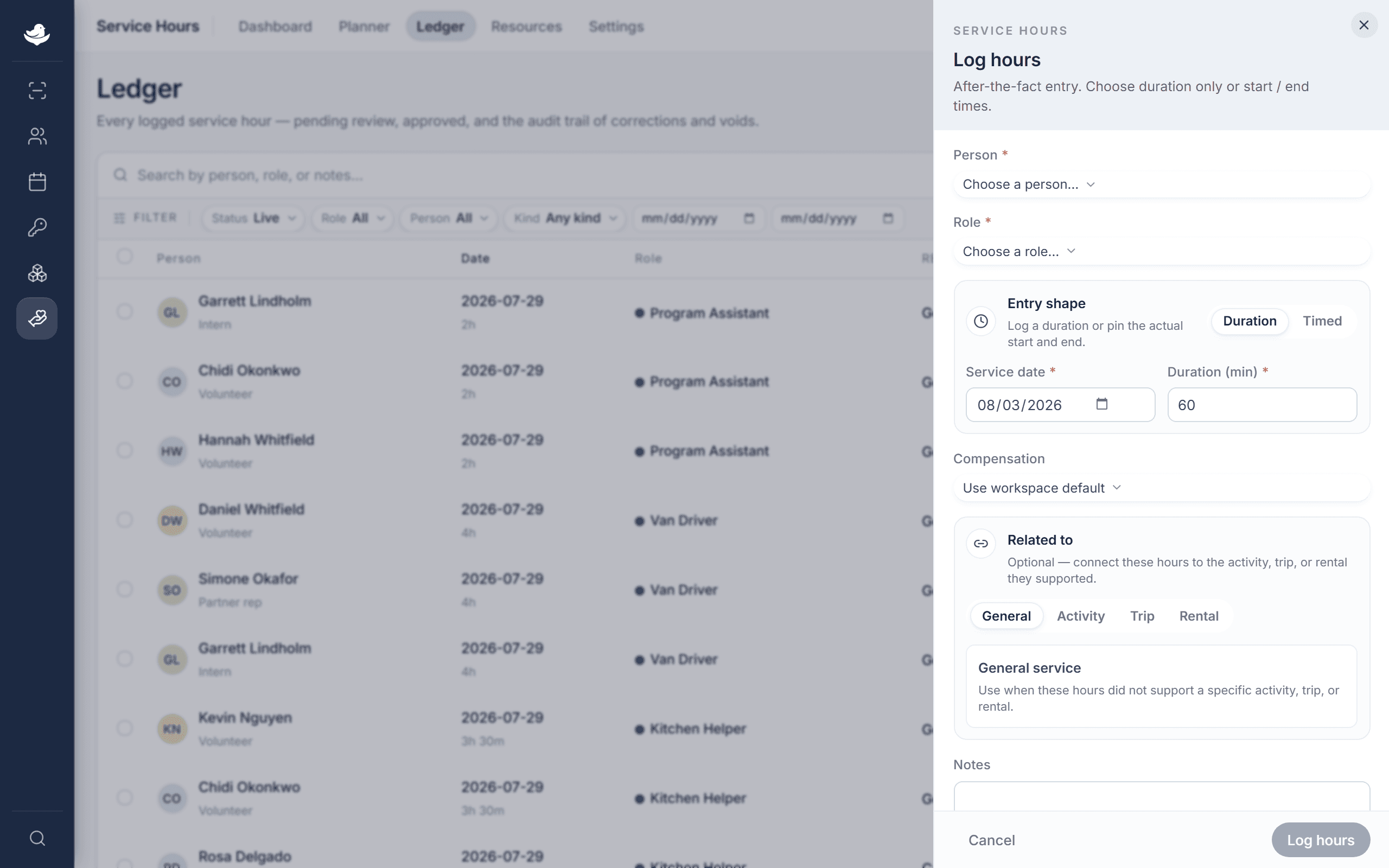 The Log hours drawer with Person, Role, and the Duration / Timed toggle.
