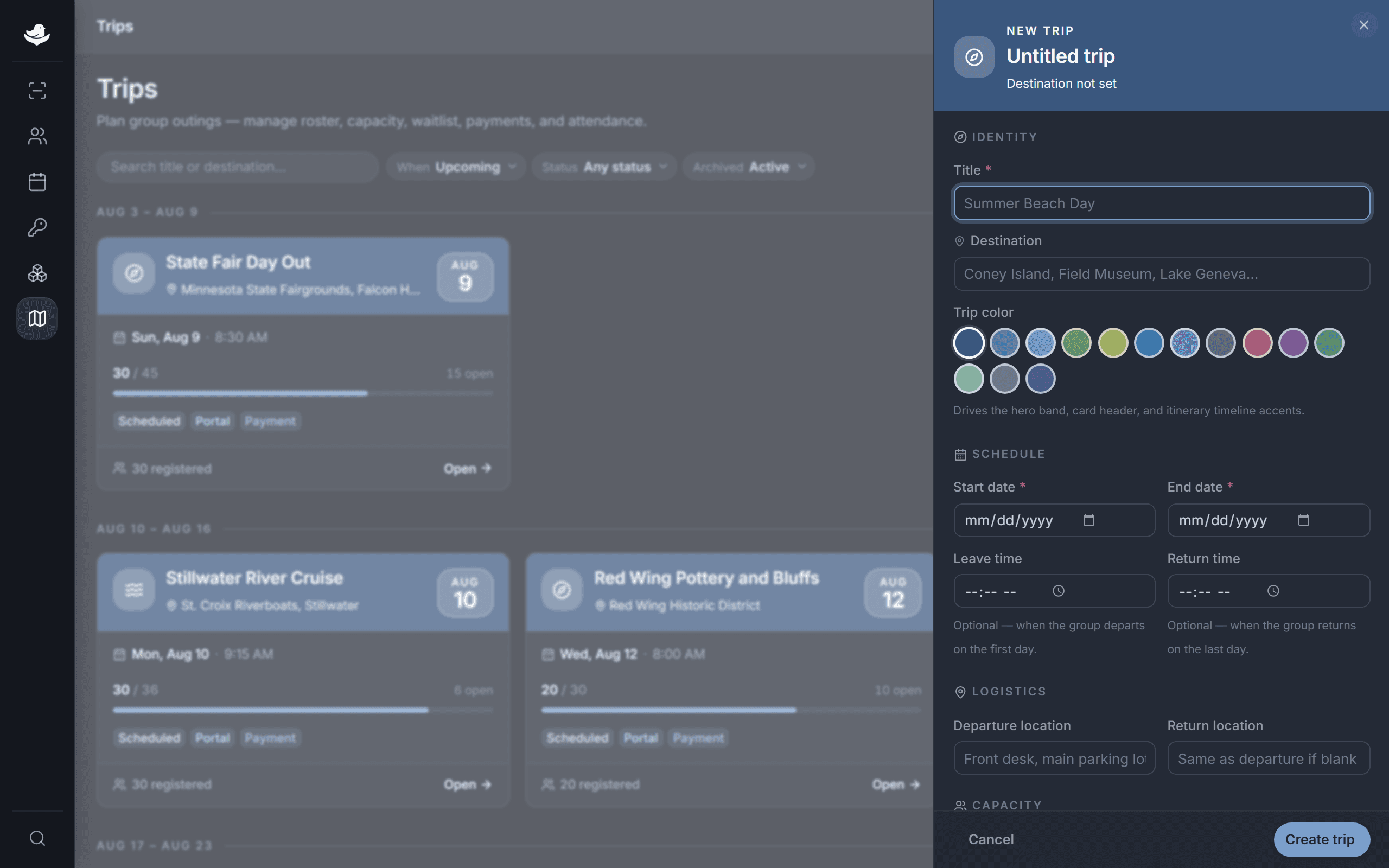 The New trip drawer showing Identity, Schedule, and Logistics sections.