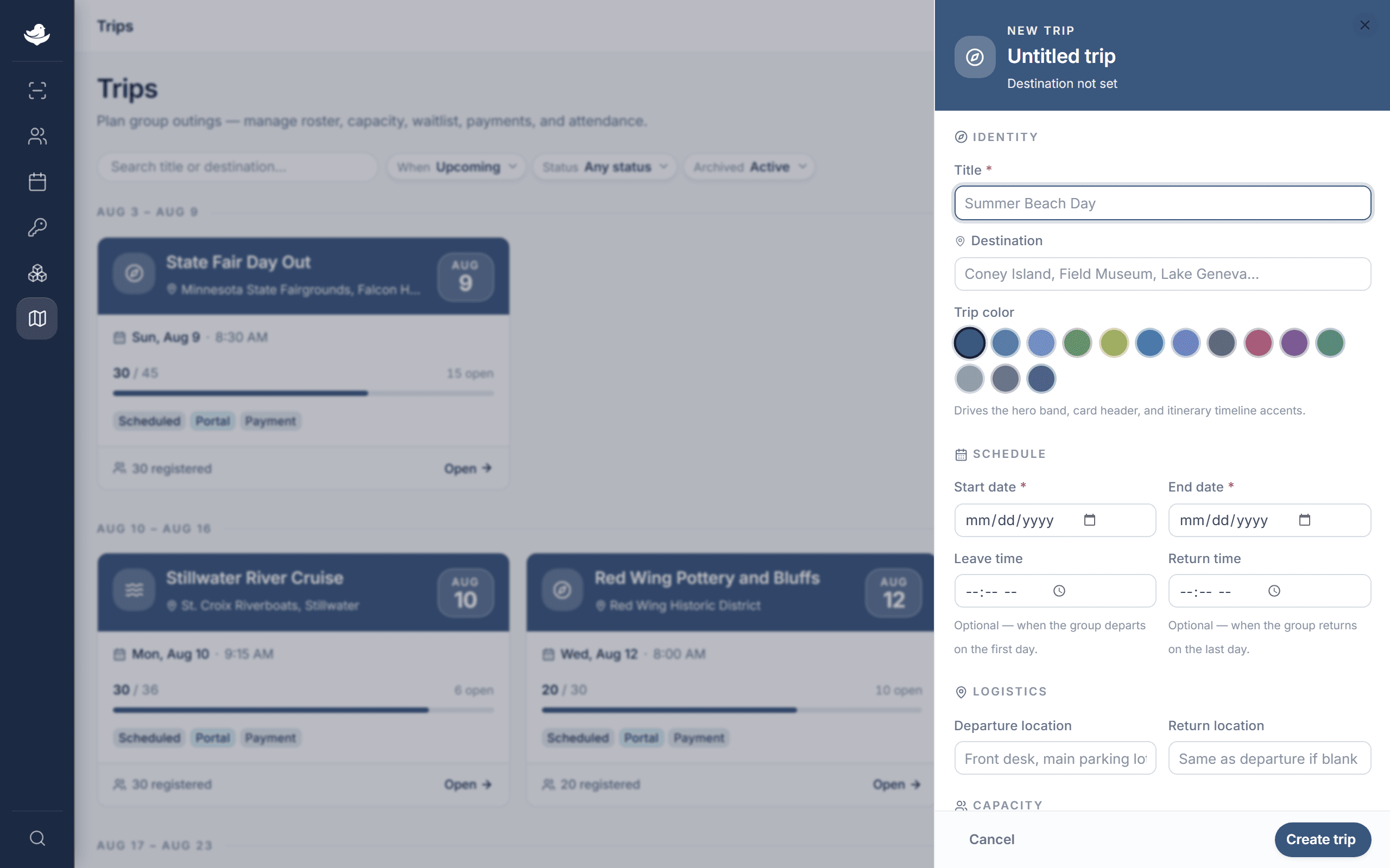 The New trip drawer showing Identity, Schedule, and Logistics sections.