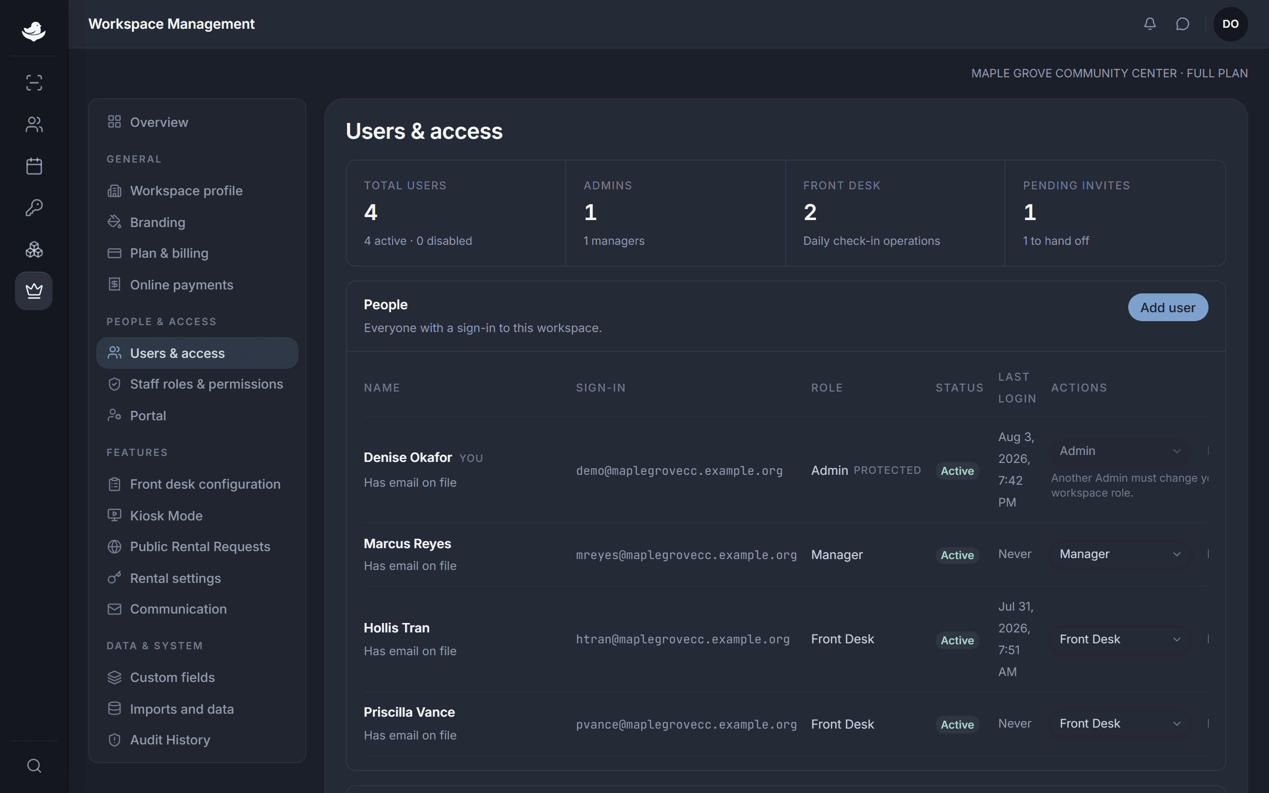 The Users & access section showing the staff roster with each person's role, status, and last sign-in, plus an Add user button.