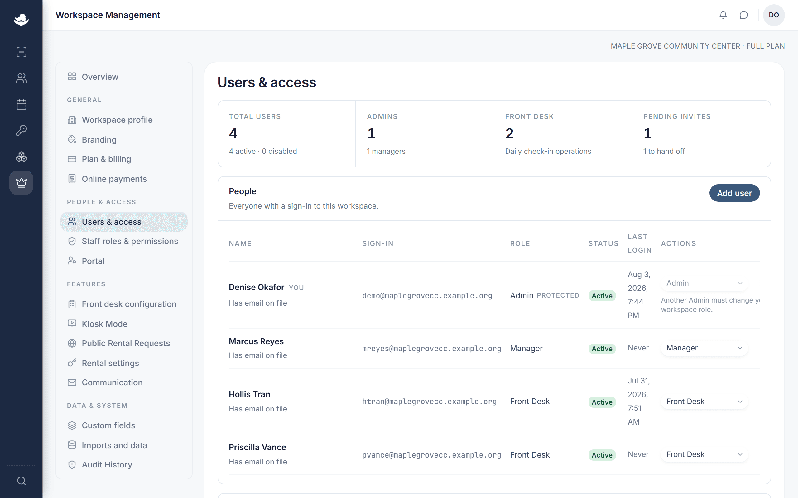 The Users & access section showing the staff roster with each person's role, status, and last sign-in, plus an Add user button.