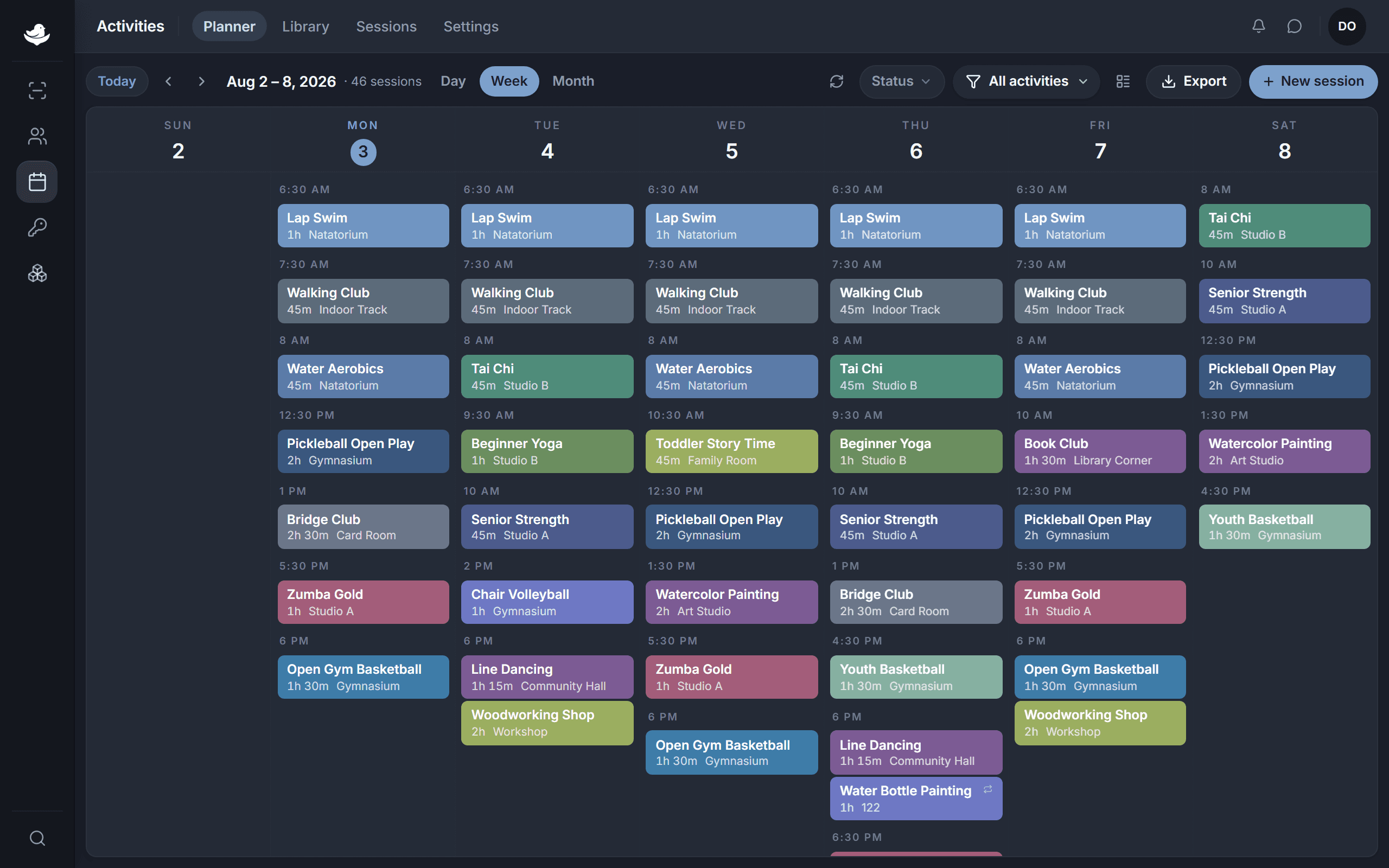 The NestPoint activities planner: a week grid of programs laid out by room and time, with conflicts and open capacity visible at a glance.