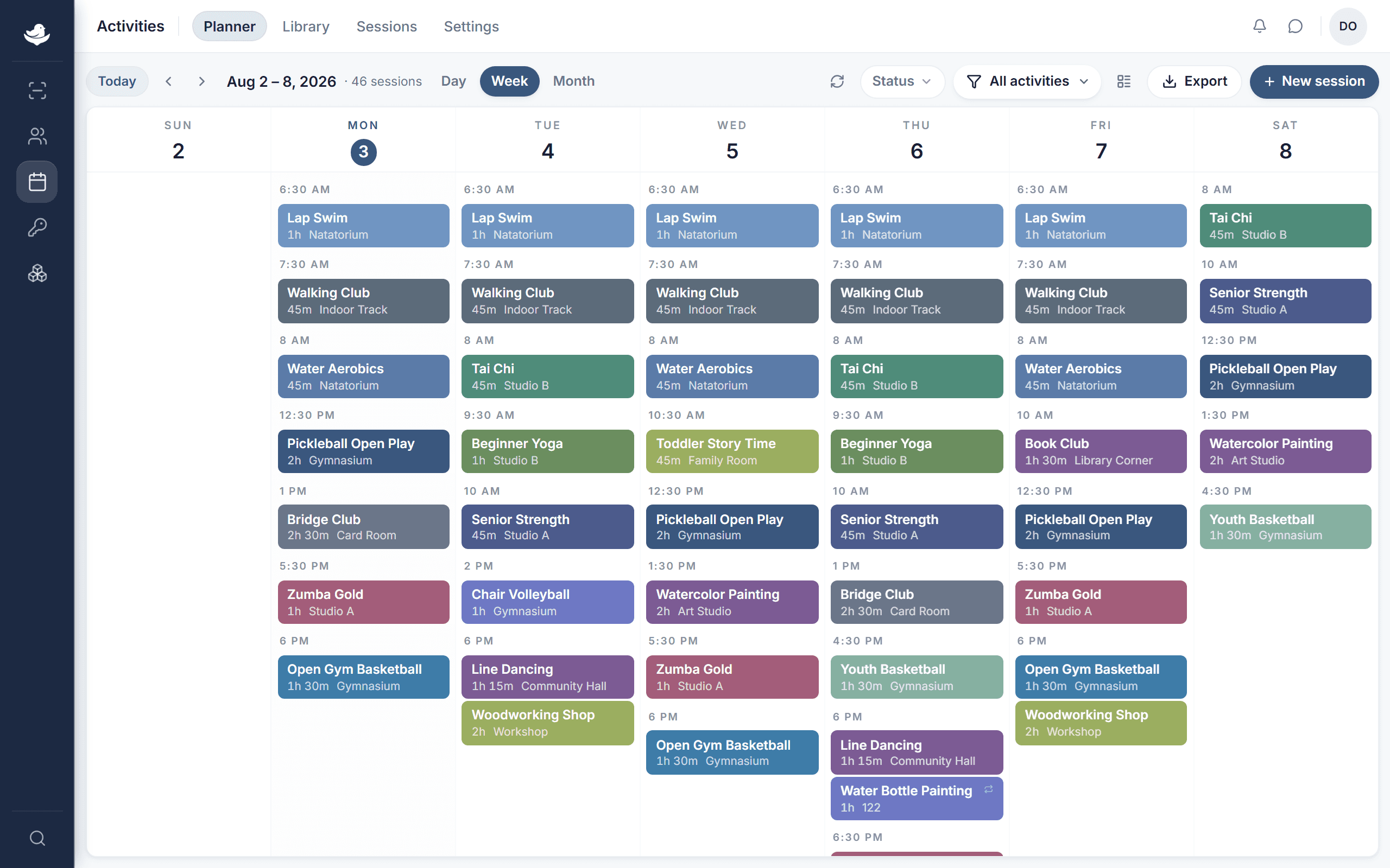 The NestPoint activities planner: a week grid of programs laid out by room and time, with conflicts and open capacity visible at a glance.